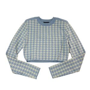 Express Light Blue Houndstooth Cropped Sweater Long Sleeve Crew Neck Medium NEW
